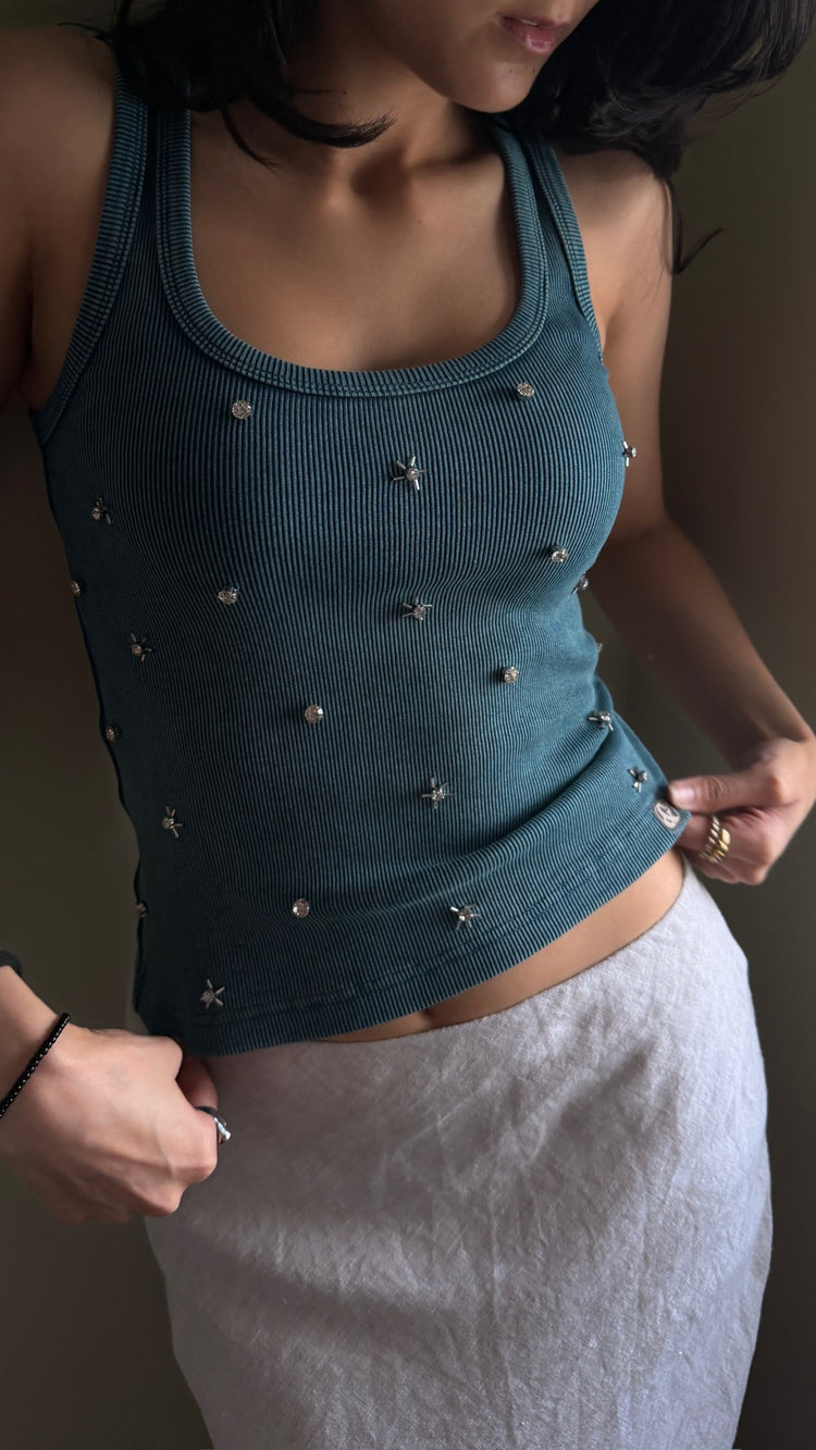 002 Rhinestone Tank Deep Teal