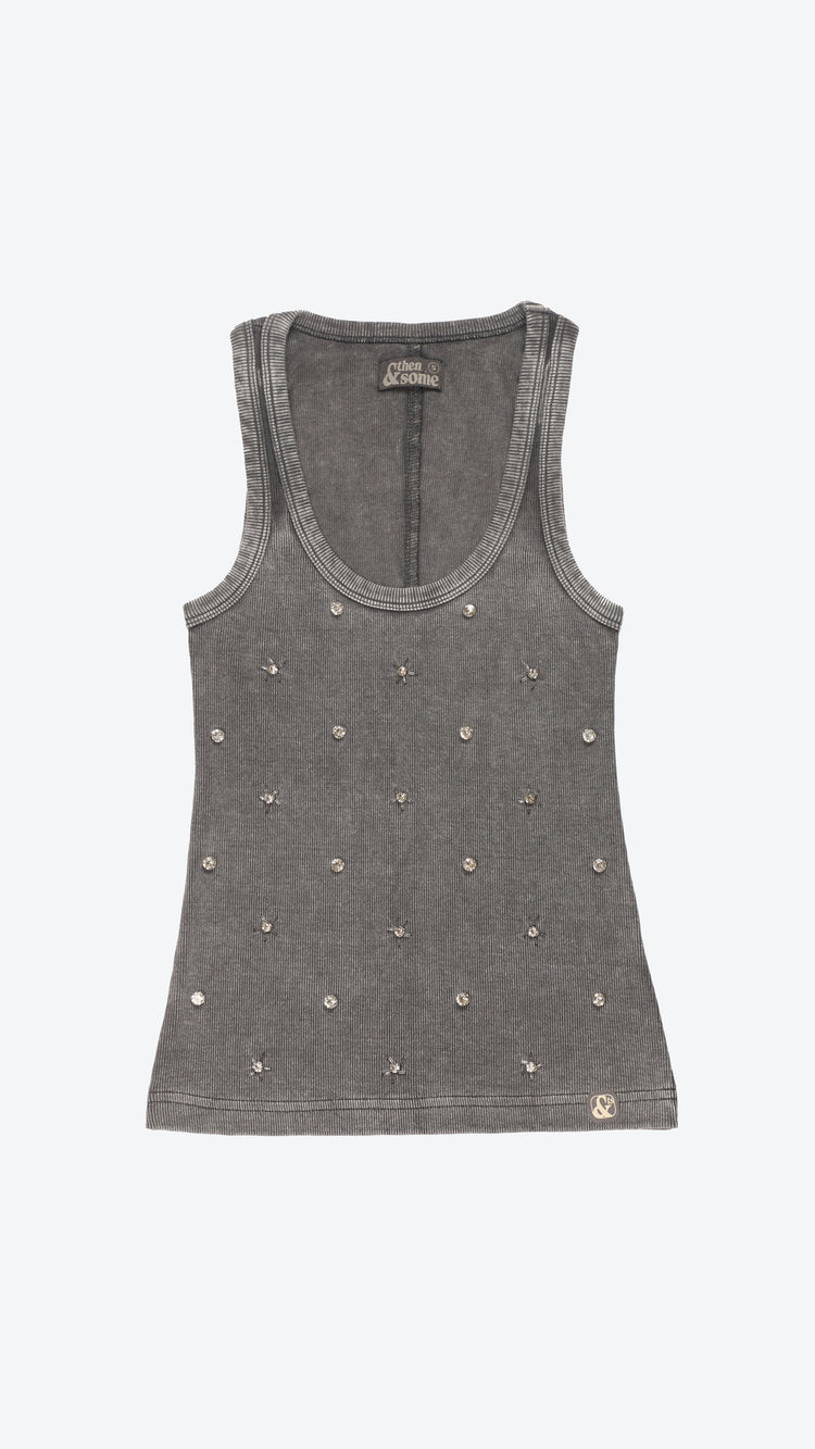 Gray tank top with rhinestones on a white background