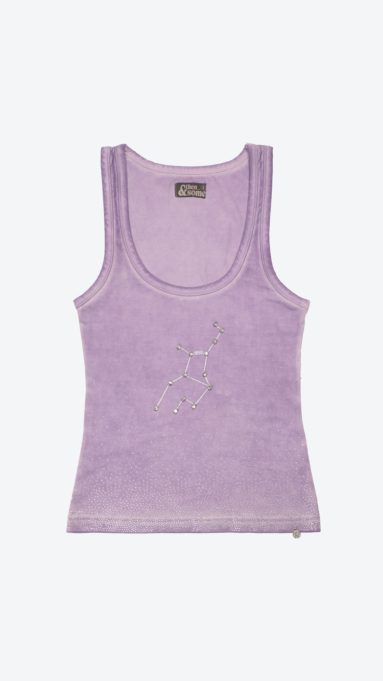Purple tank top with a virgo zodiac constellation design on a white background