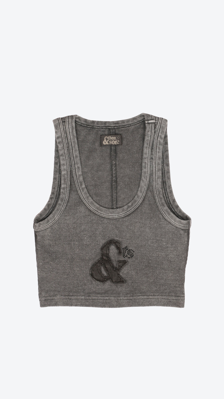 Gray tank top with a logo design on a white background
