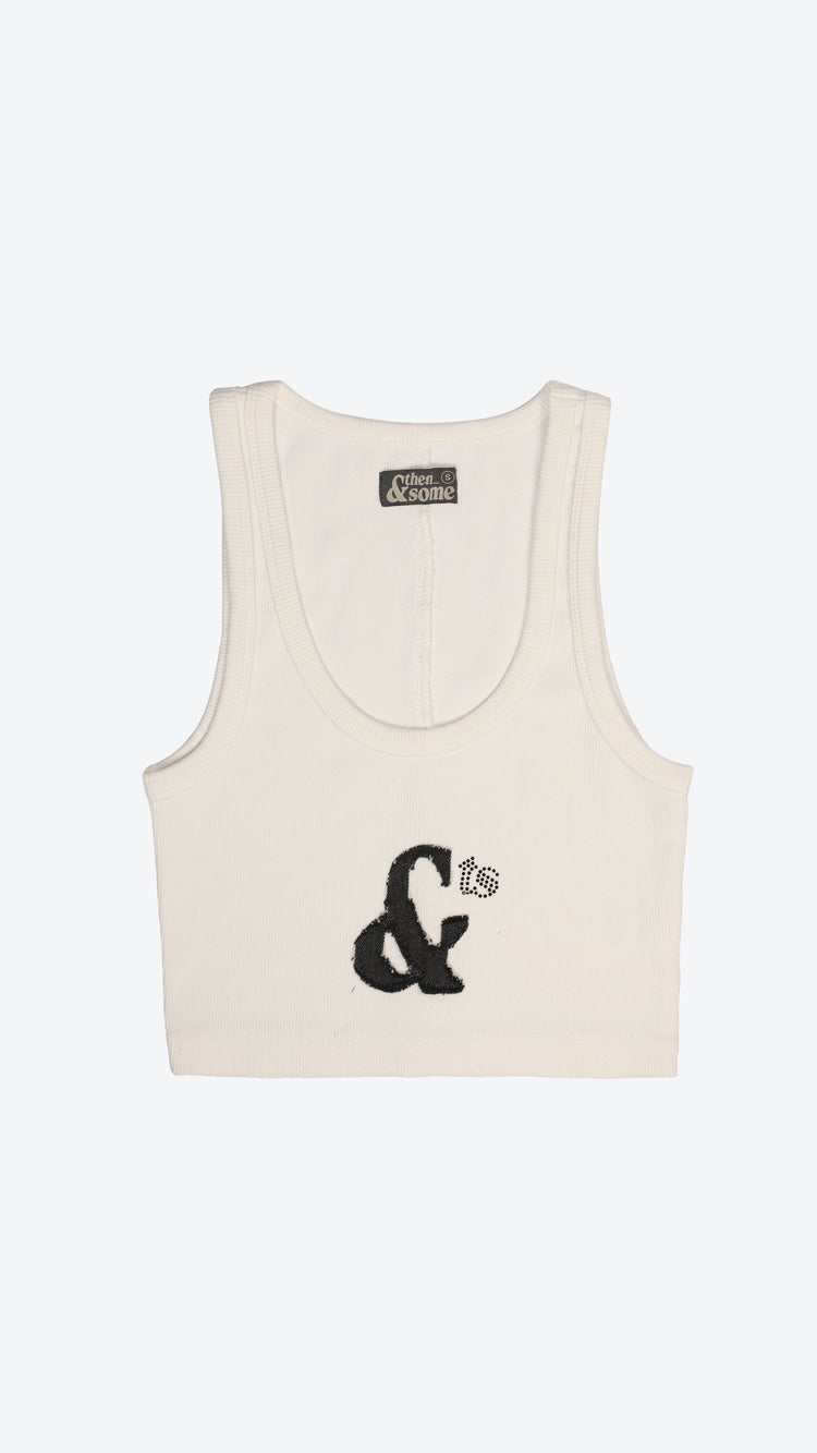 White cropped tank top with black logo design on a white background