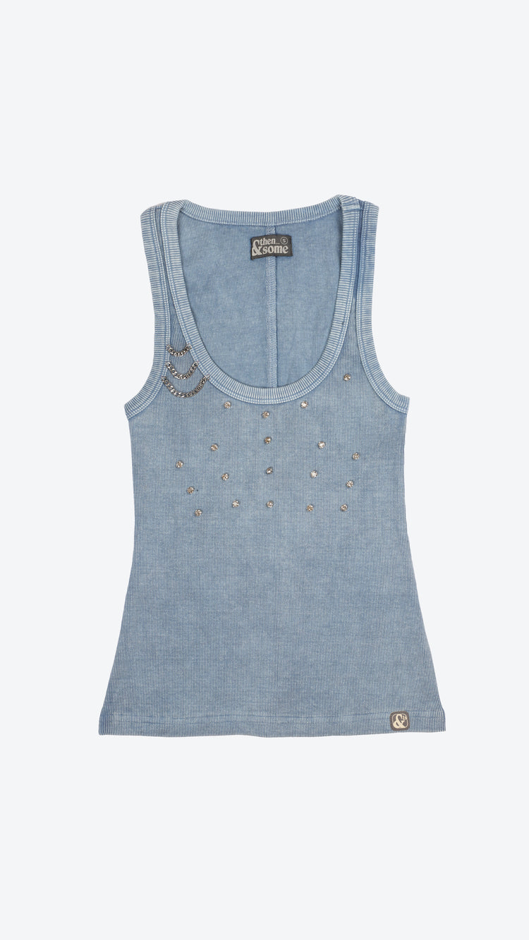 Blue tank top with embellishments on a white background