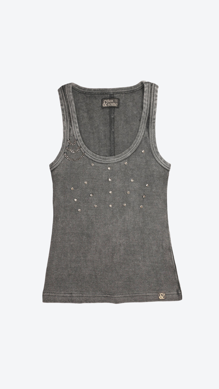 Dark gray tank top with rhinestones and chain detailing on a white background