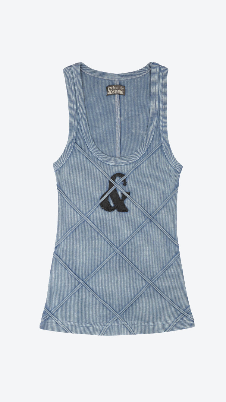 Blue tank top with a black logo design on a white background