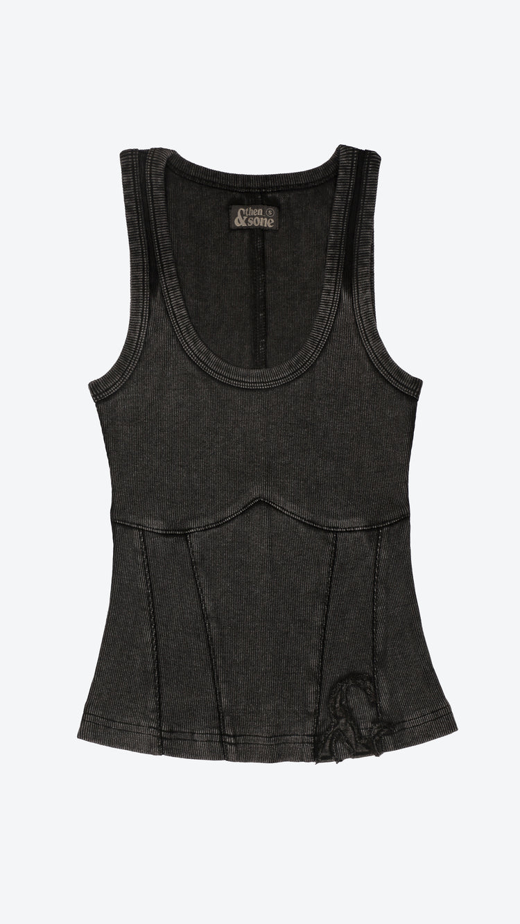 Black tank top with a brand label on a white background