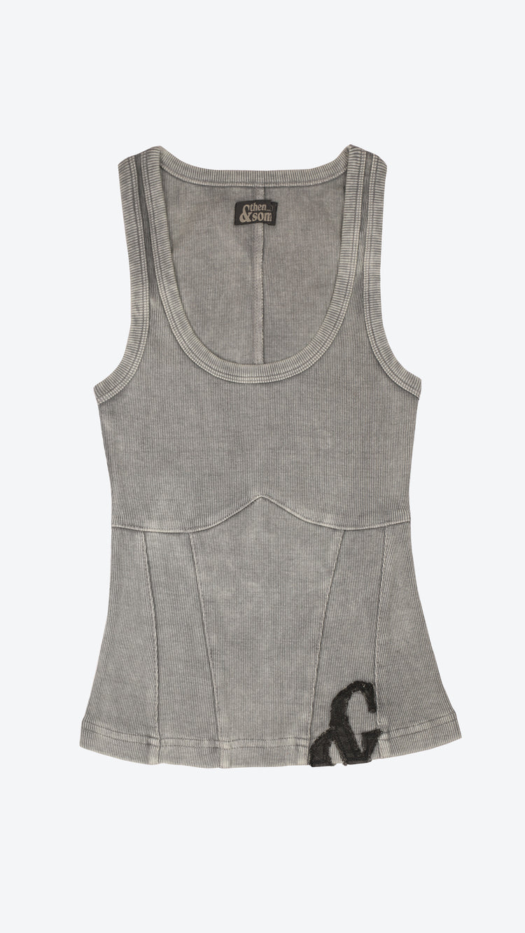 Gray tank top with a brand logo on a white background