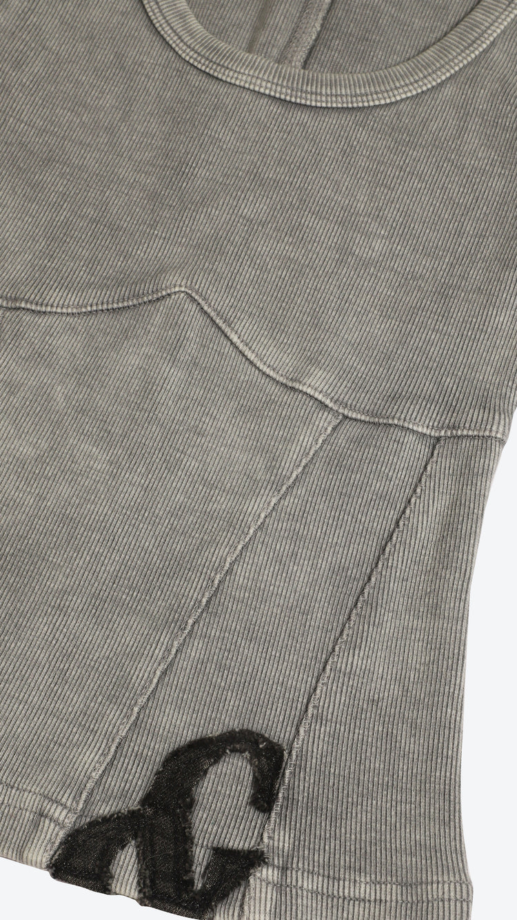 Gray tank top with a black logo on a white background