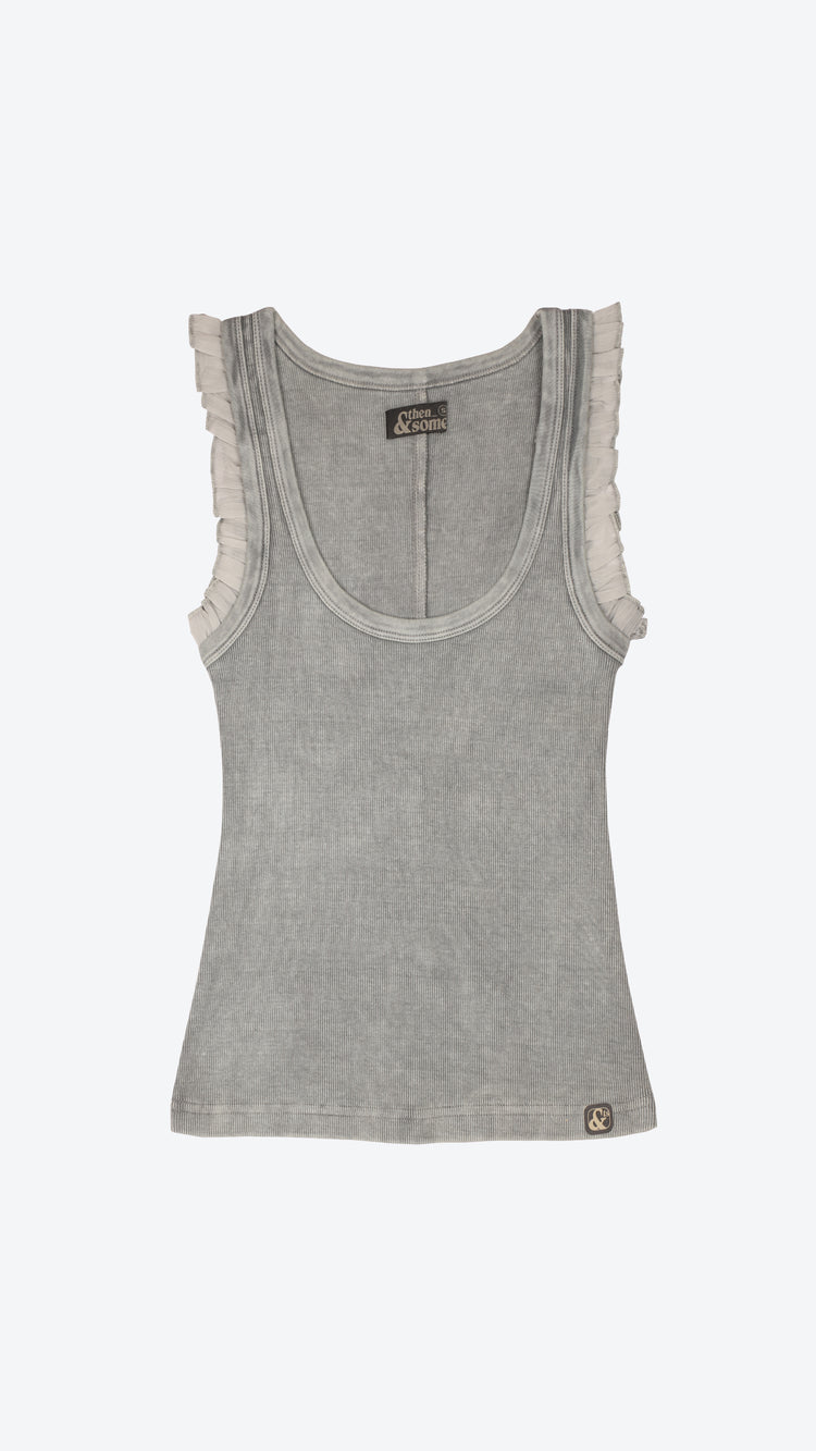 Gray tank top with ruffled trim on a white background