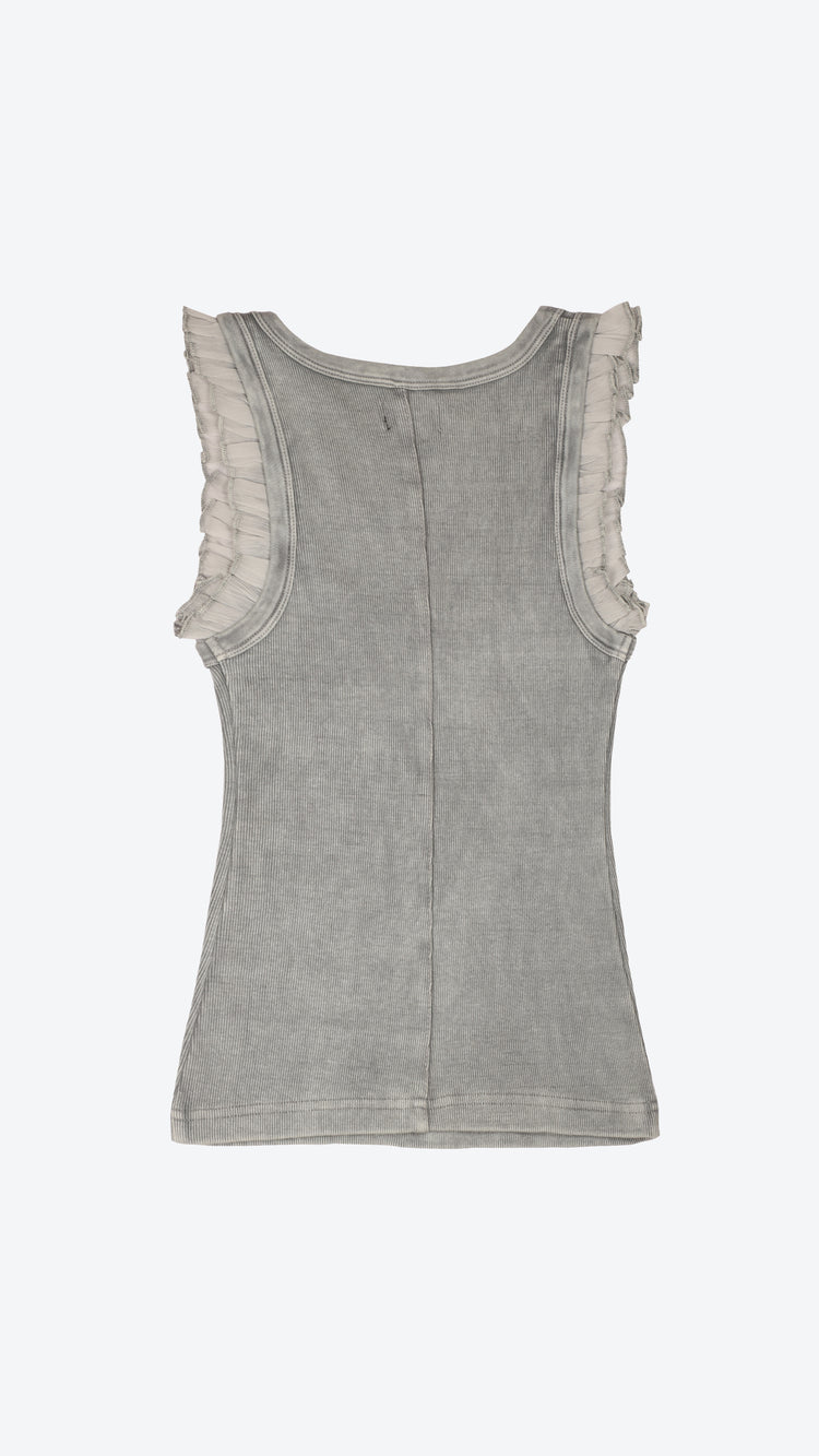 Gray tank top with lace trim on a white background