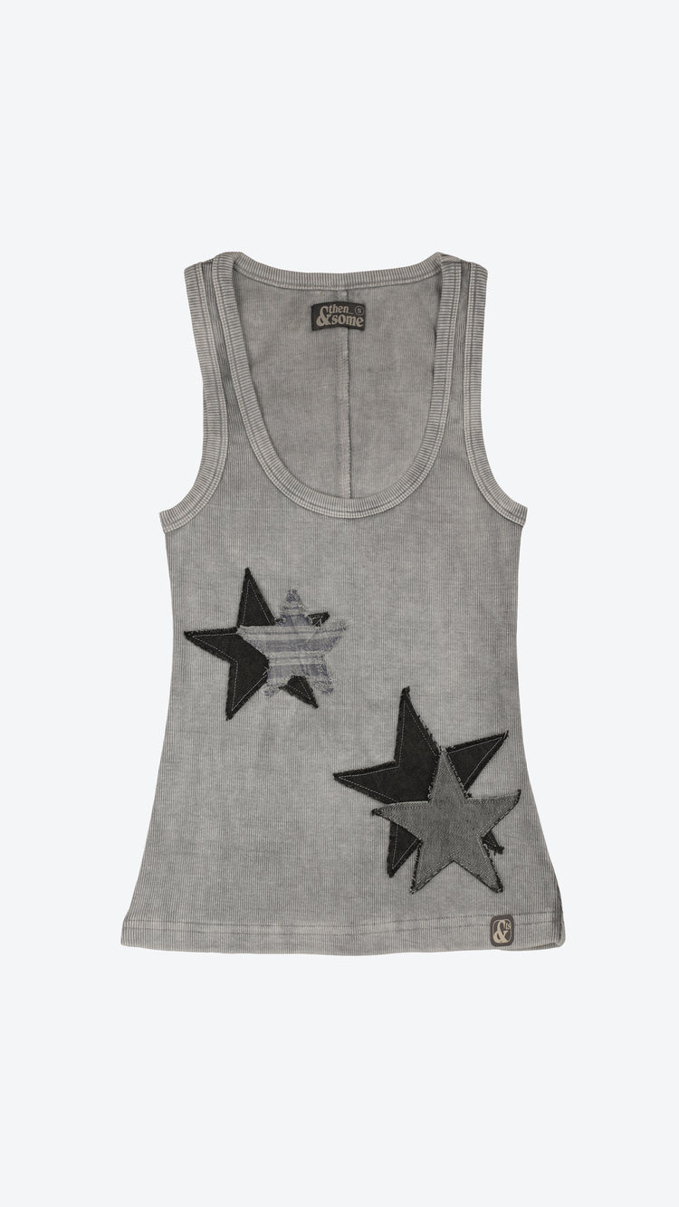 Light grey tank top with star logo patches on a white background