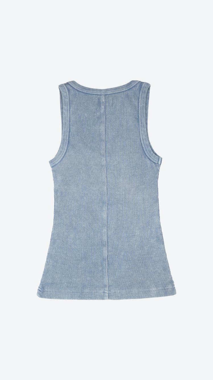 Light blue denim tank top on a white background