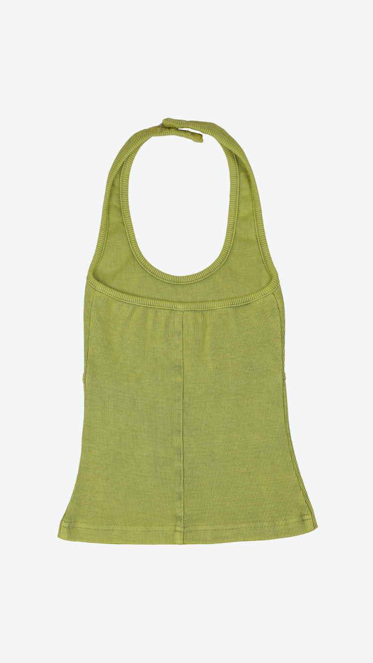 Back of a green halter neck tank top on a white background