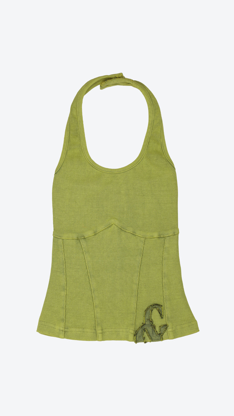 Front of a green halter neck tank top with a brand logo on a white background