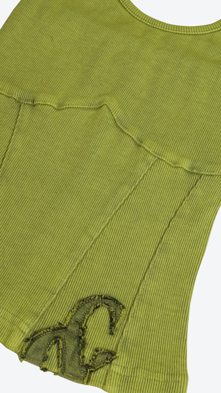 Green ribbed halter neck tank top with a logo, against a white background