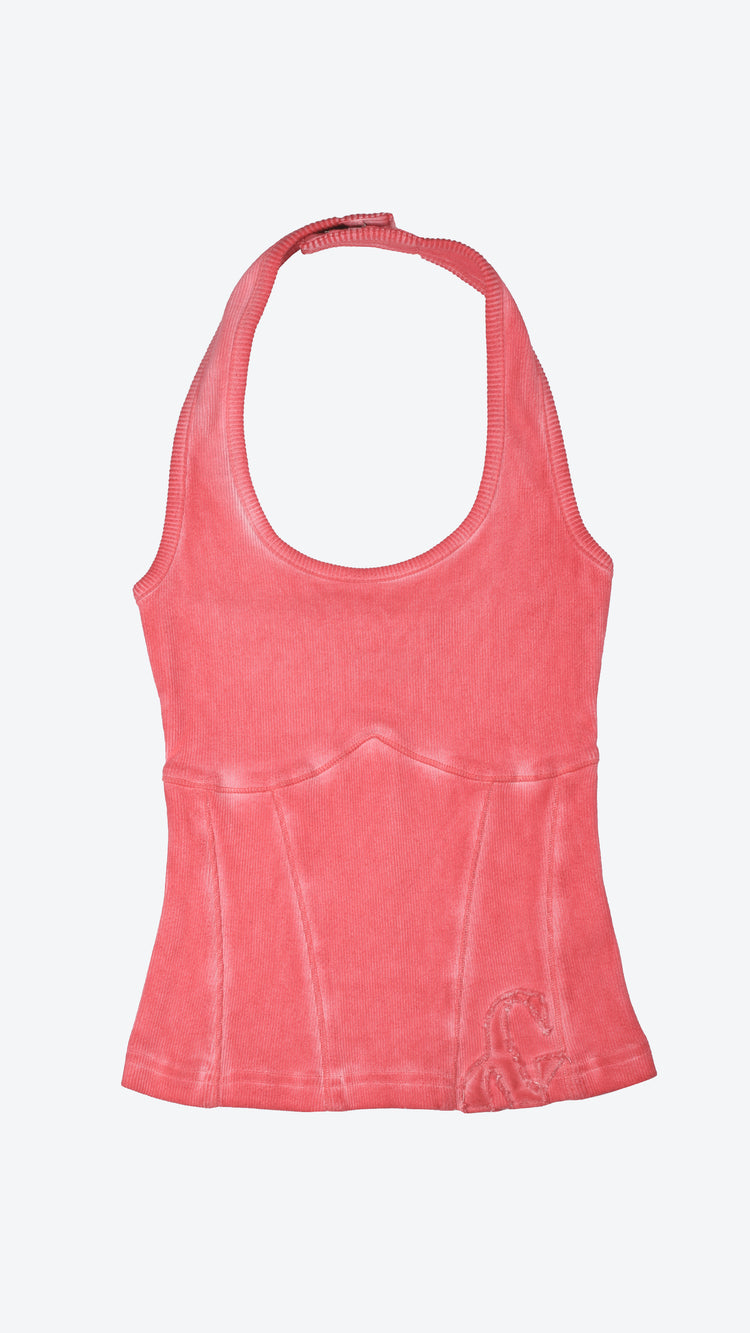 Pink halter neck tank top on a white background