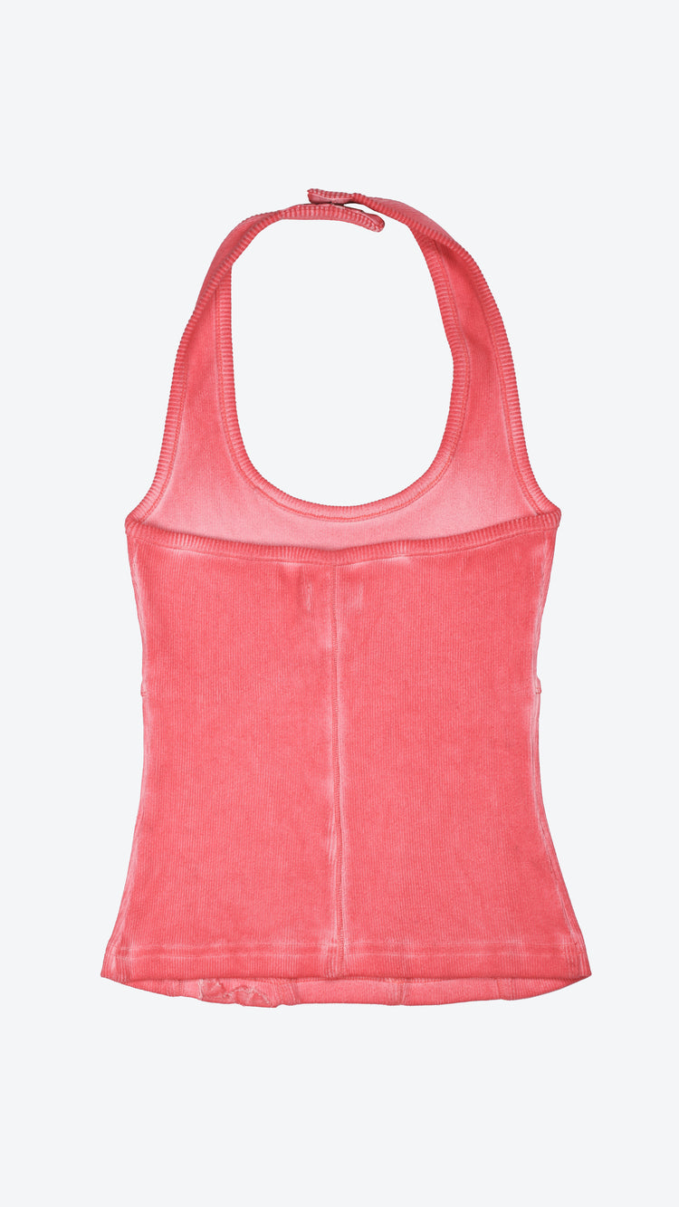 Pink halter neck tank top on a white background