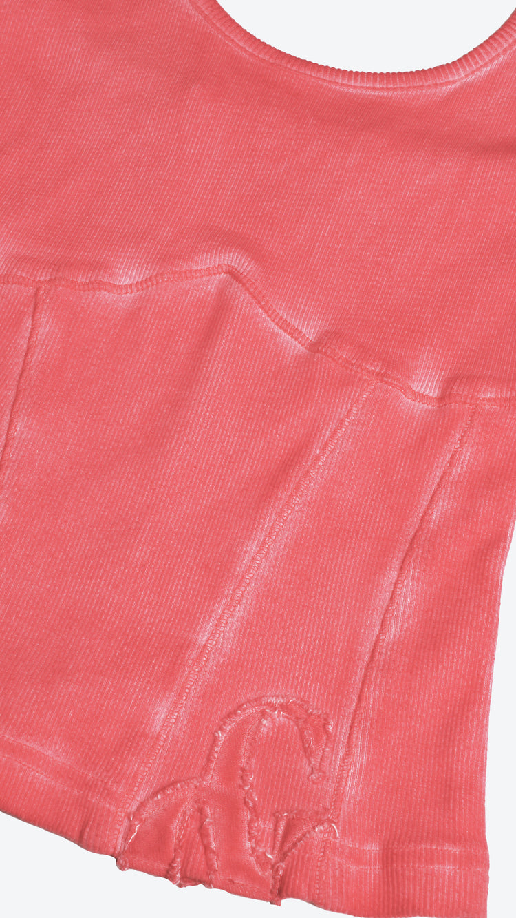 Close-up of a pink halter neck tank top with a logo on a white background