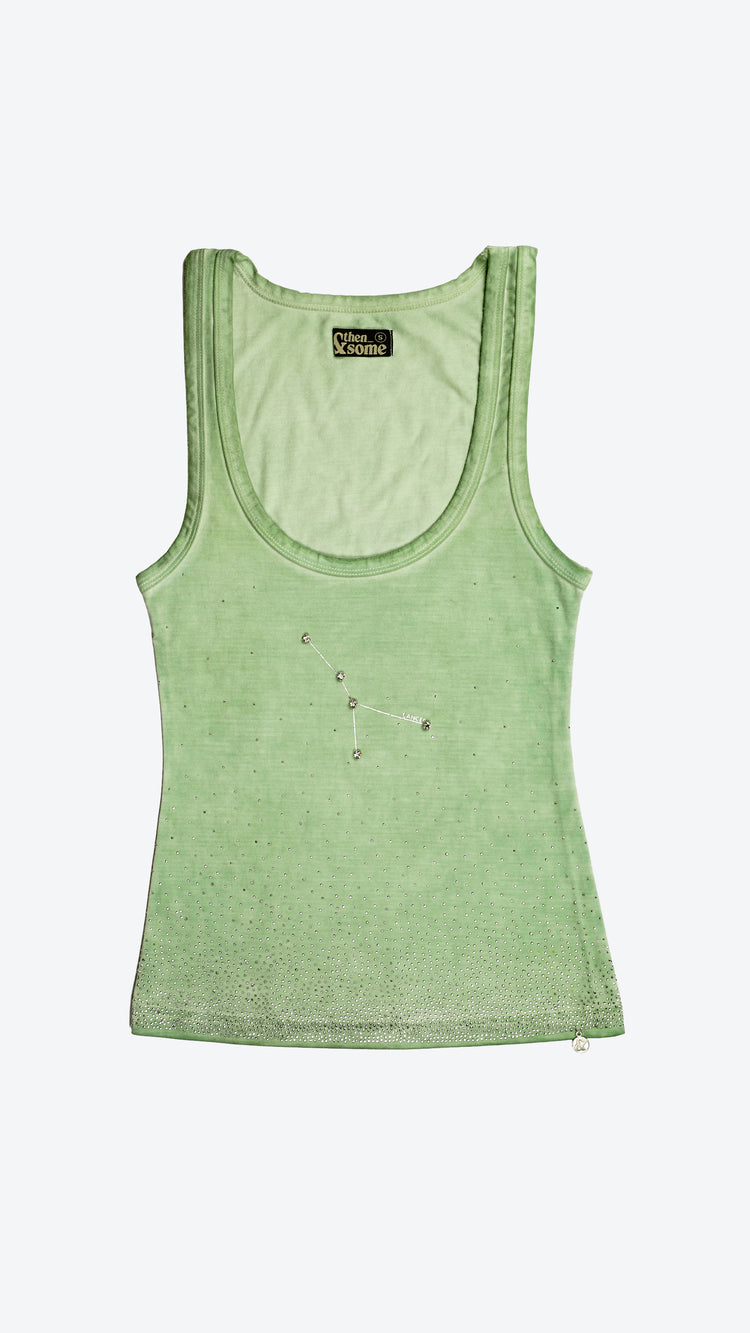 Green tank top with Cancer constellation design on a white background