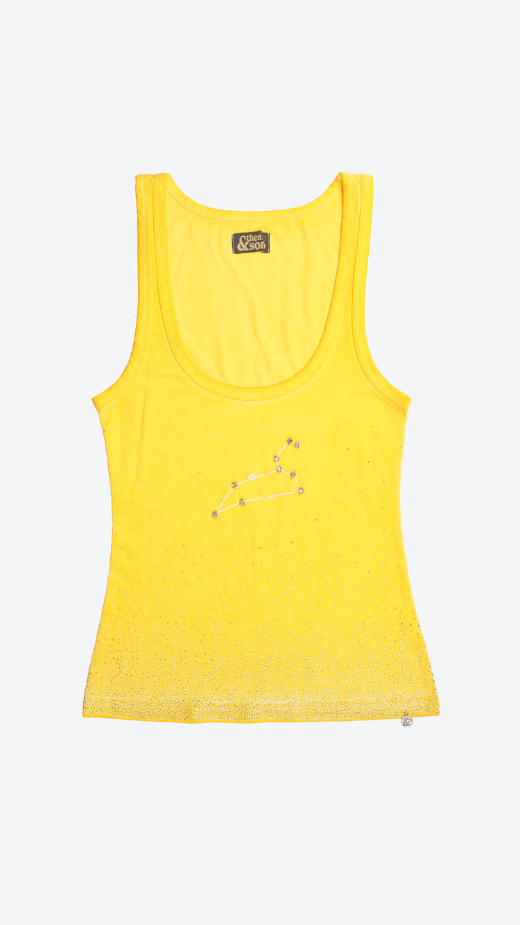 Yellow tank top with Leo zodiac constellation on the front.