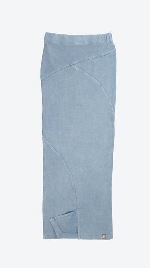Blue denim skirt on a white background