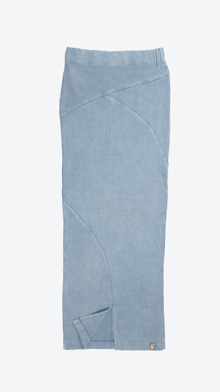 Blue denim skirt on a white background
