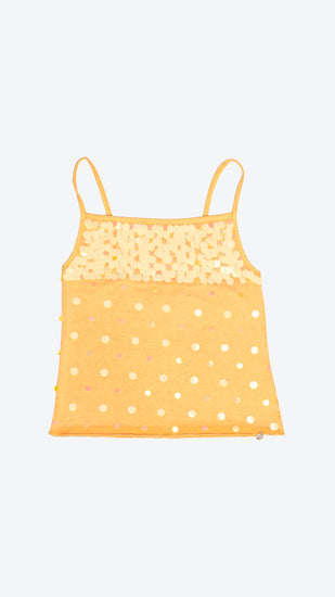 Front of orange sequinned camisole on a white background