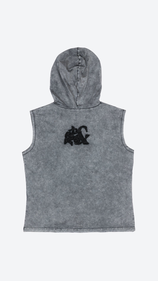 Gray sleeveless hoodie with a black logo on a white background