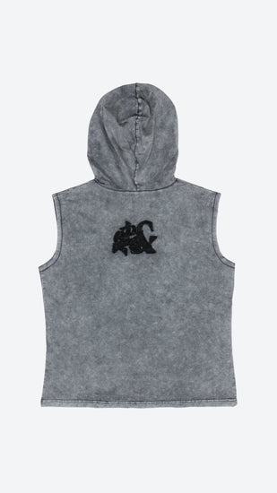 Gray sleeveless hoodie with a black logo on a white background