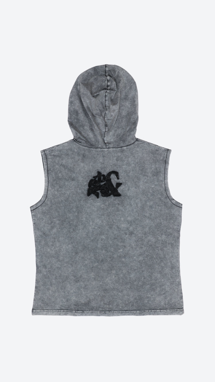 Gray sleeveless hoodie with a black logo on a white background