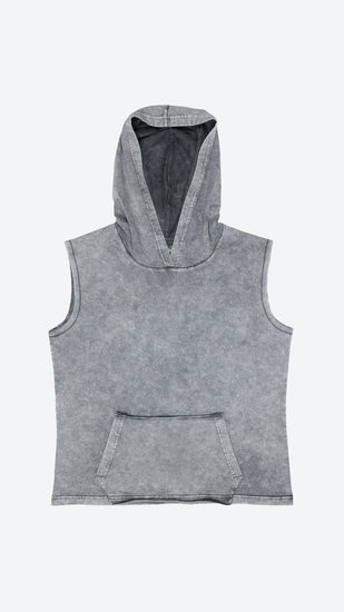 Gray sleeveless hoodie with a hood on a white background