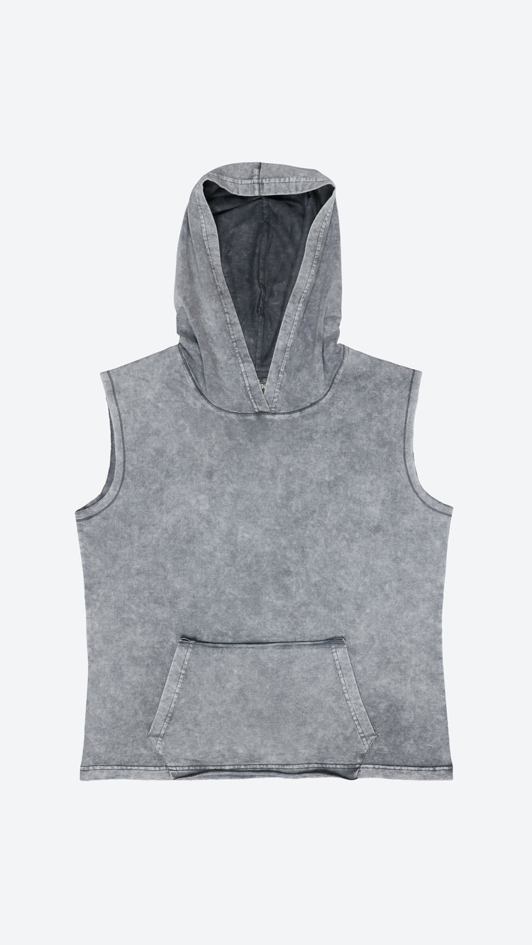 Gray sleeveless hoodie with a hood on a white background