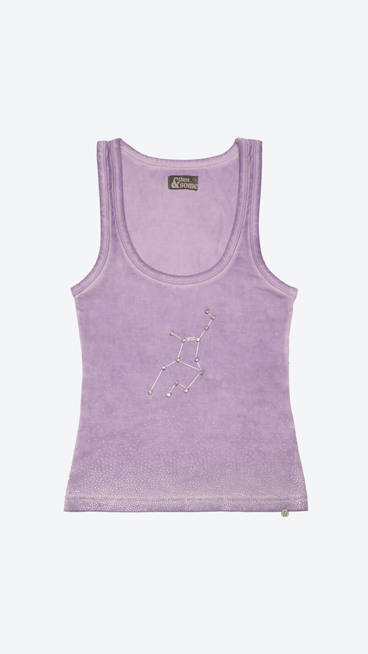 Purple tank top with a virgo zodiac constellation design on a white background