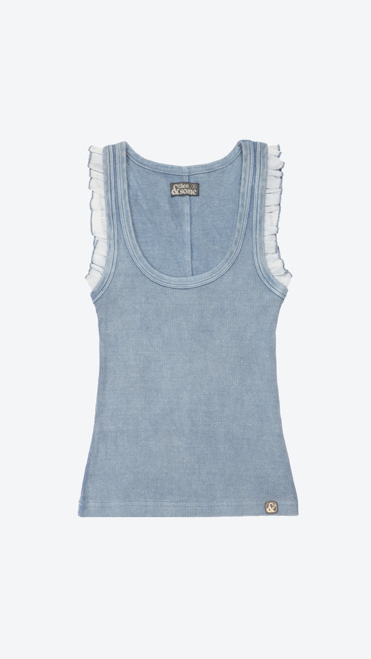 Blue tank top with white ruffled sleeves on a white background