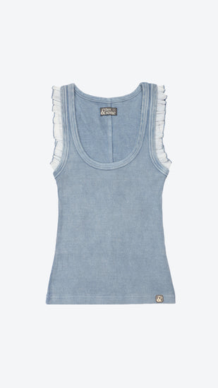 Blue tank top with white ruffled sleeves on a white background