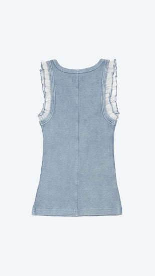 Light blue tank top with lace trim on a white background