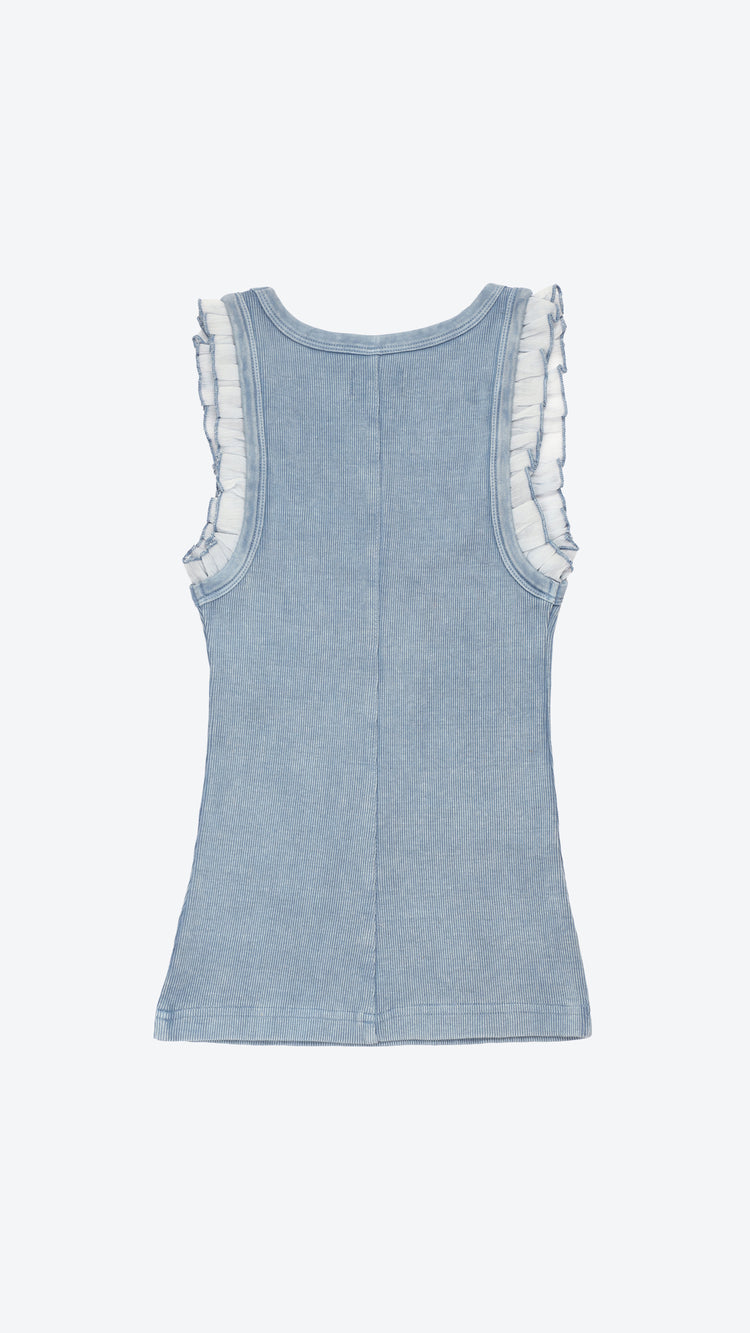 Light blue tank top with lace trim on a white background