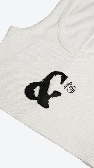 White tank top with black logo on a white background