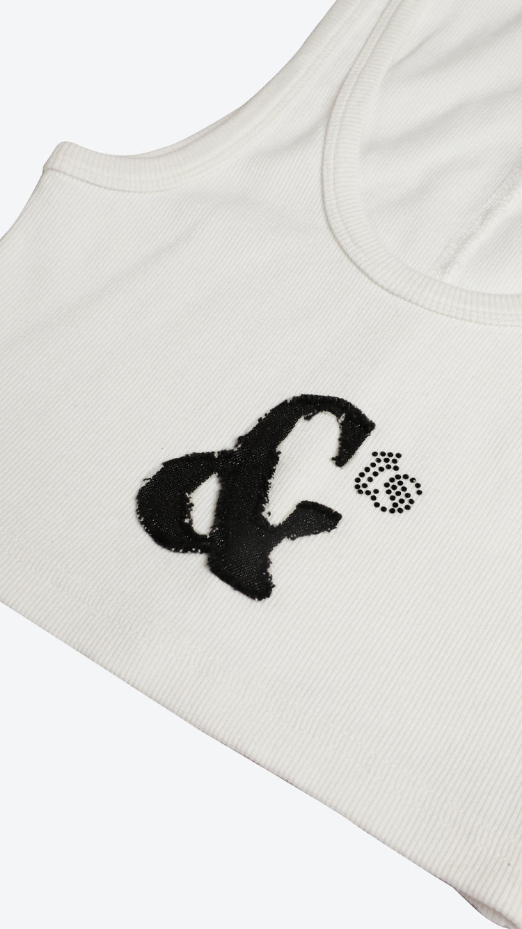 White tank top with black logo on a white background
