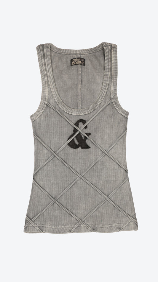 Gray tank top with a black logo symbol on a white background