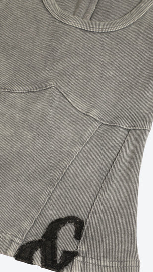 Gray tank top with a black logo on a white background