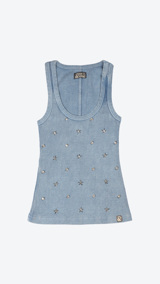 Light blue tank top with star embellishments on a white background