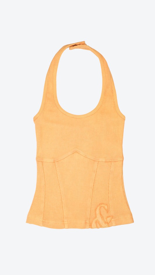 Front of an orange tank top with a halter neck on a white background
