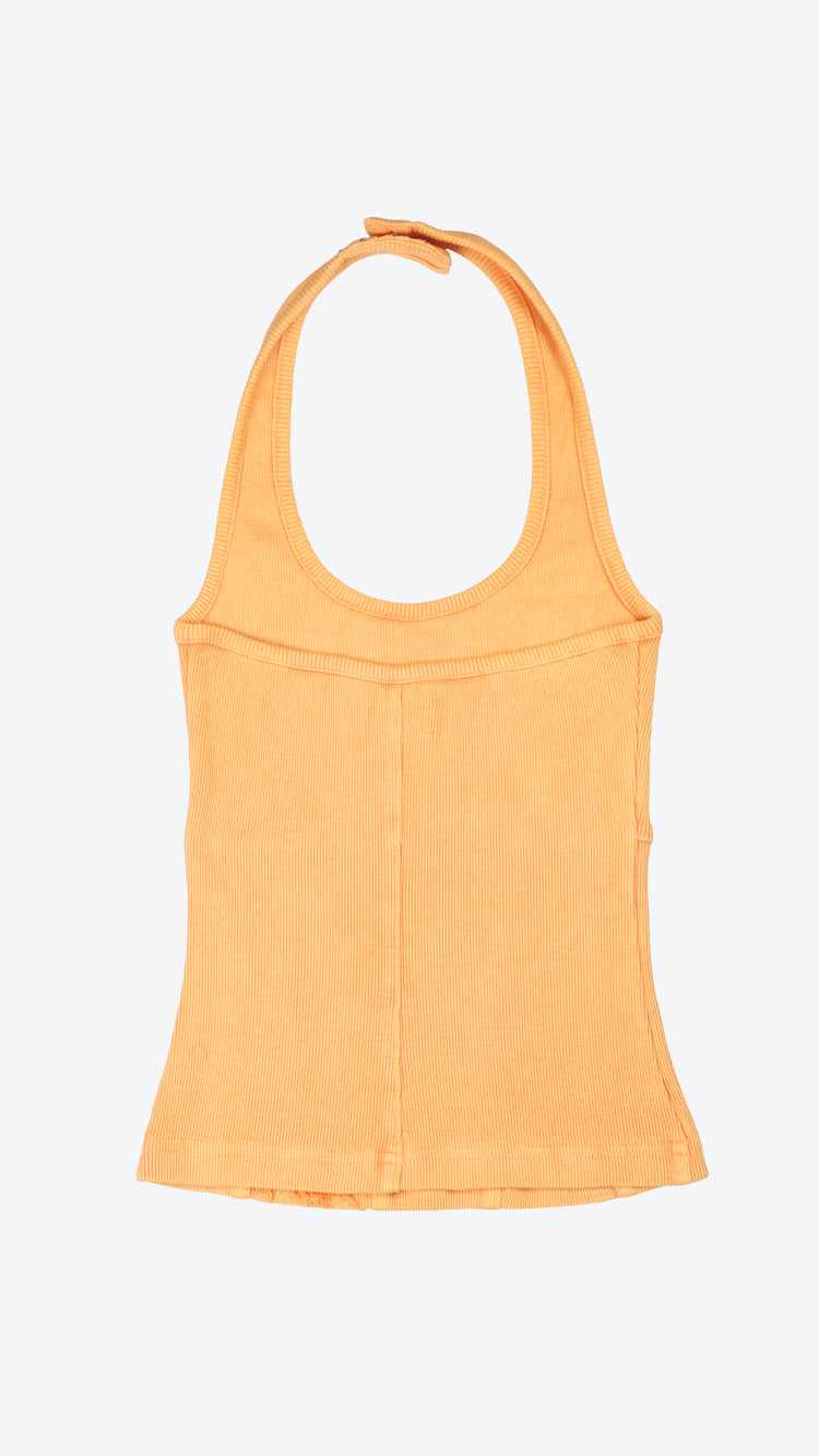 Back of an orange hater neck tank top on a white background