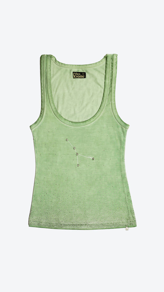 Green tank top with Cancer constellation design on a white background
