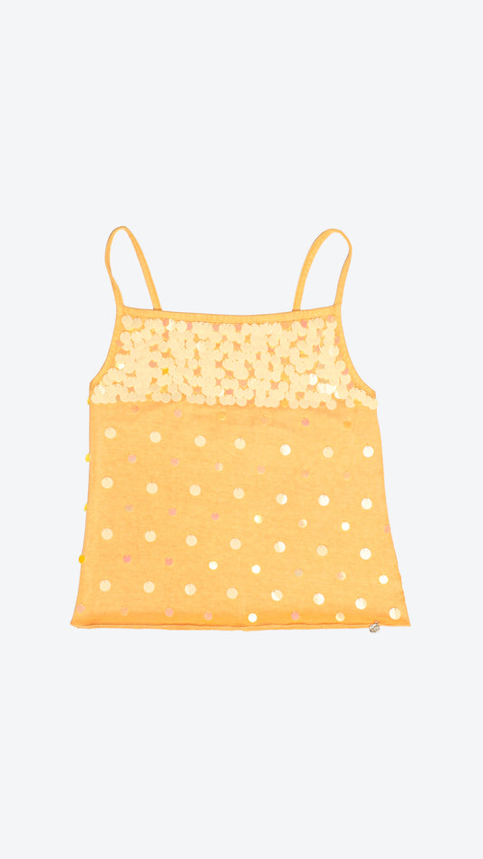 Front of orange sequinned camisole on a white background