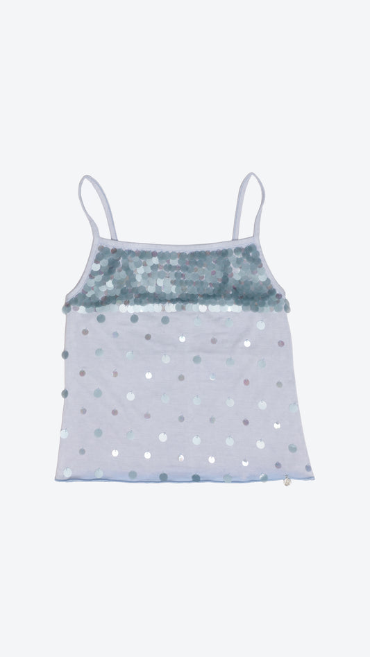 Front of a blue sequined camisole on a white background